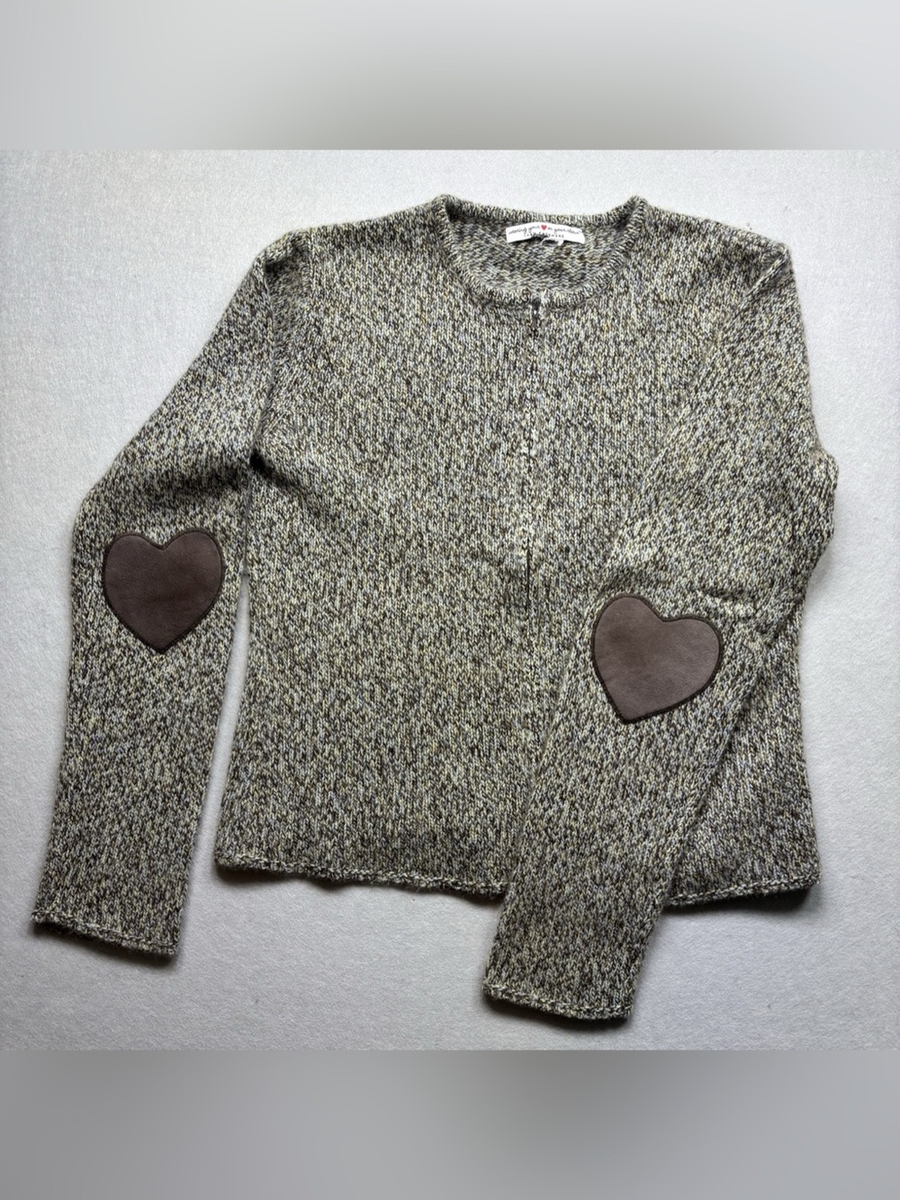 Wearing Your ❤️ on Your Sleeve Heart Patch 100%Cashmere Zip Sweater Brown/Gray